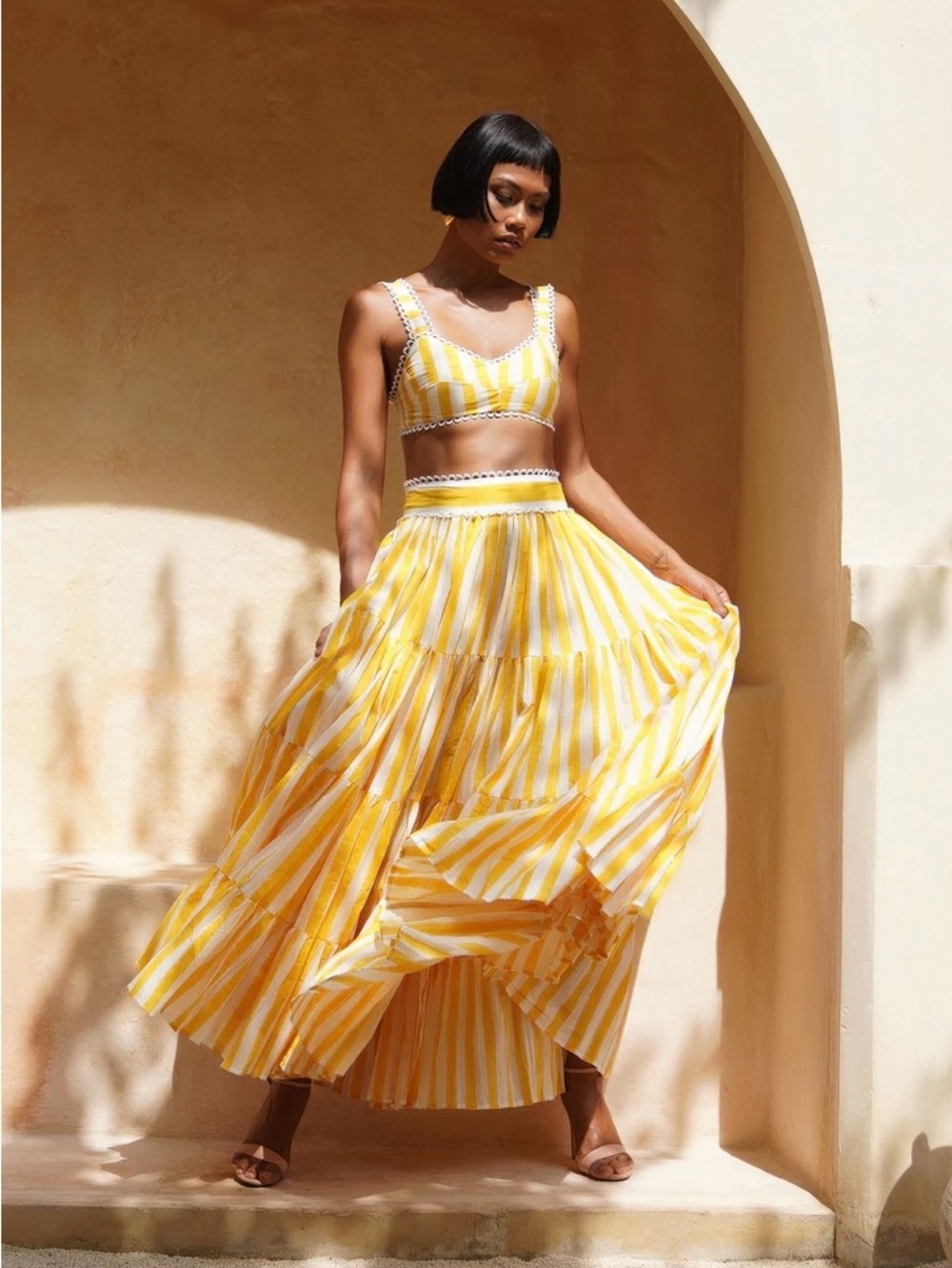 Mo Maya Le Soleil Yellow Stripe Maxi Skirt 100% Cotton Pockets High Waist XS NWT